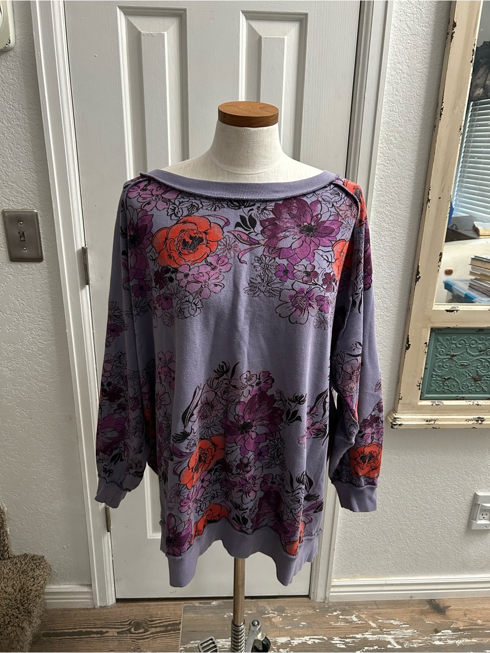 Free People Lavender Floral Boatneck Sweatshirt with Orange Accents